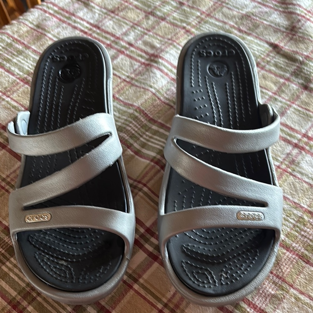 CROCS Silver Strappy Slide Sandals
